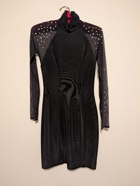 Vintage 90s Tadashi Shoji Black Mesh Rhinestone Bodycon Mini Dress - Size S